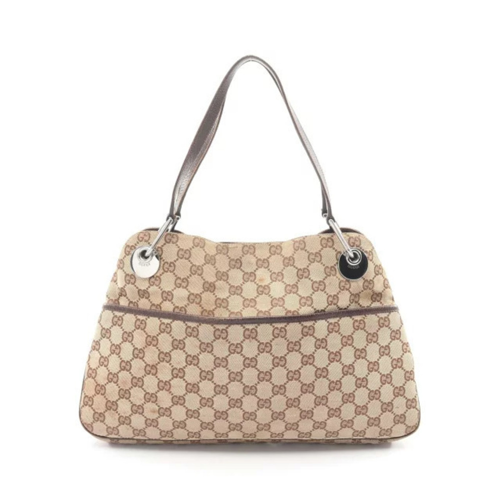 Gucci GG Canvas Shoulder Bag Leather Beige Cream Brown